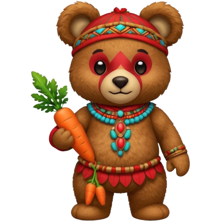teddy bear Upper, wearing red mayan ancient custome, with carrot half body emoji