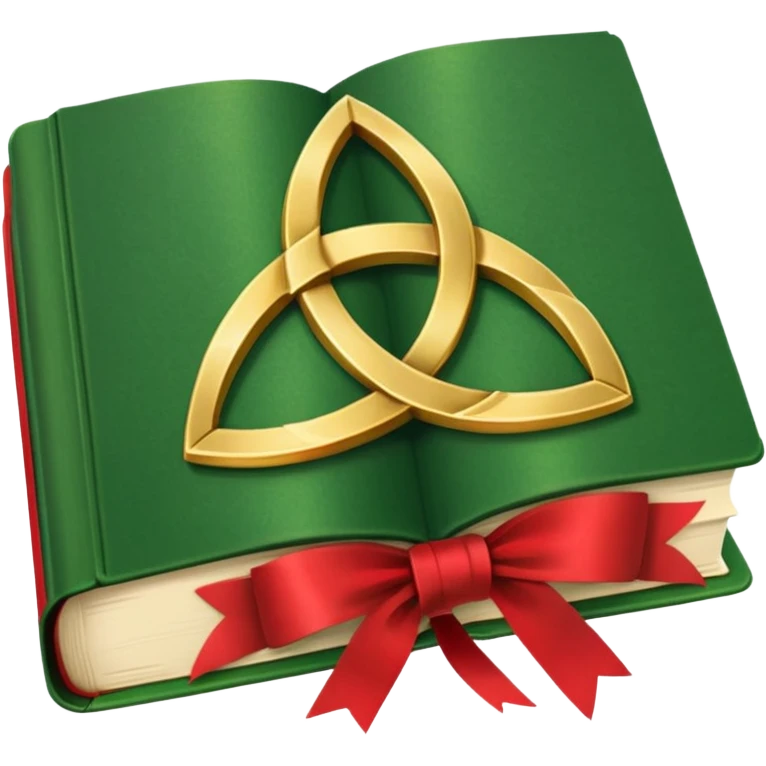 a green closed book with a golden triquetra on it with a red ribbon between the paged emoji