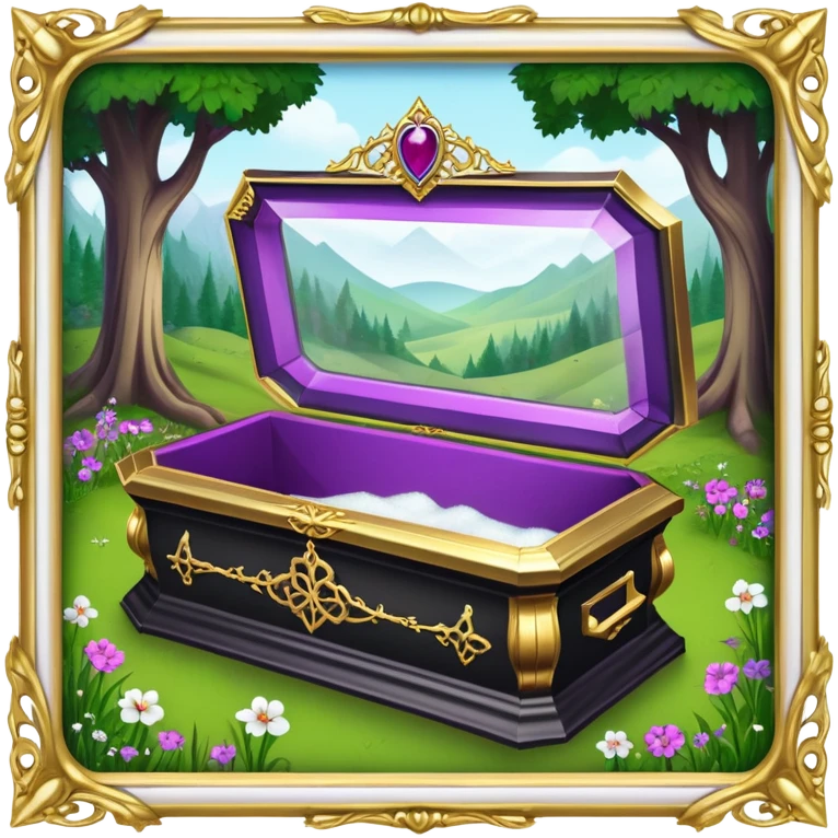 Snow White's coffin in the image is a highly symbolic piece, embodying both solemnity and fairytale charm. It is designed with a transparent glass lid, allowing a clear view of Snow White lying inside in her pure and untouched beauty. The frame around the lid and the base of the coffin is made of gold-colored metal, intricately carved in a Gothic style. Along the side of the coffin, the name “SNOW WHITE” is prominently displayed in ornate, medieval-style lettering, serving as an eternal tribute to the legendary character. The coffin is placed in a quiet forest clearing, resting on a bed of green grass and surrounded by clusters of colorful flowers—purple, pink, and white—which add a sacred and emotional atmosphere. The dwarfs stand nearby in silence, keeping watch and heightening the sense of reverence and sorrow. The entire design of the coffin harmoniously blends medieval artistry with mythical elements, honoring Snow White’s beauty while creating a legendary, fairytale-like setting. emoji