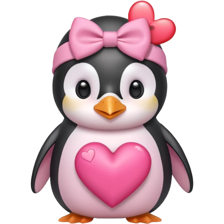 a pink penguin with a pink bow on it’s head holding a heart emoji