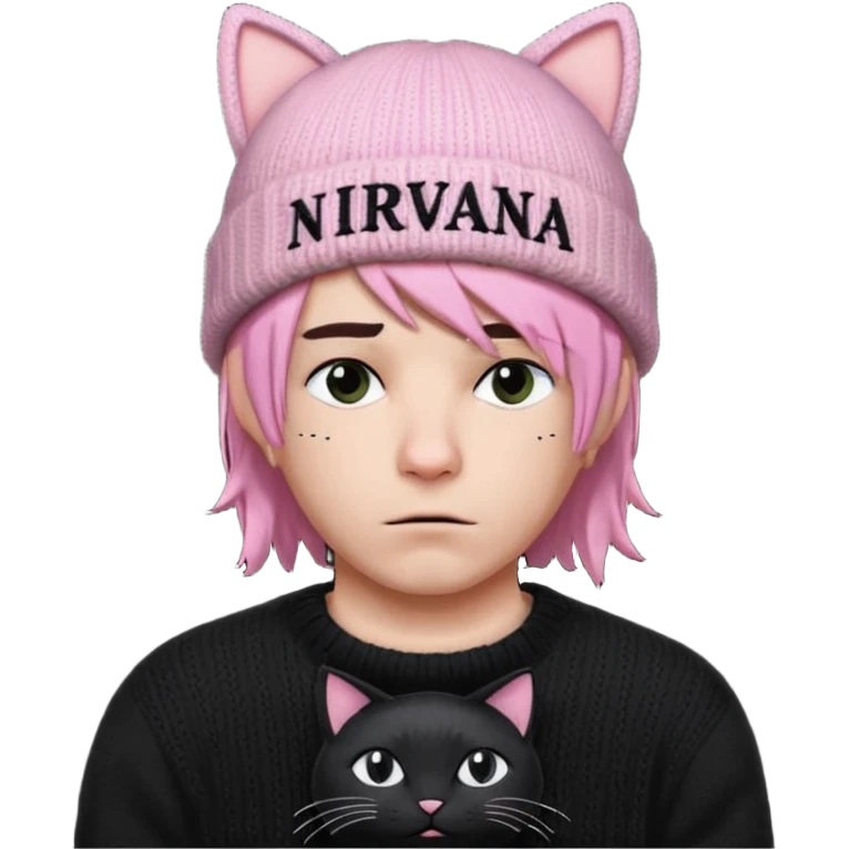 A man with a Knitted hat with black cat ears, black sweater with white lettering in the center that says "Nirvana", pink bob cut and frown with a cold look  emoji