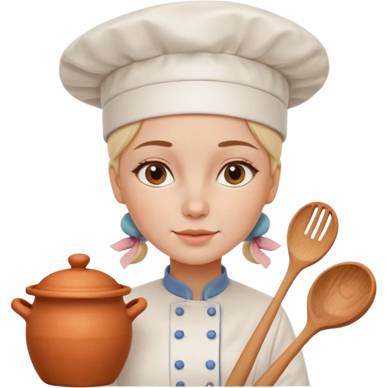 cartoon Apple iOS emoji style woman, pastel colors, Chilean wooden kitchen background, clay pots, warm light, detailed and clean vector art emoji