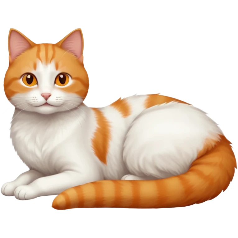 ginger and white cat with orange eyes doing a big extremely long stretch reaching up into the air with arms and legs side by side together straight and overextended whilst lying on its side emoji