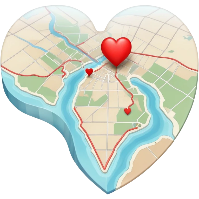 Folded cartographic map with pale ethereal colors, featuring red heart markers and various colored symbols indicating different emotional experiences, topographic lines emoji