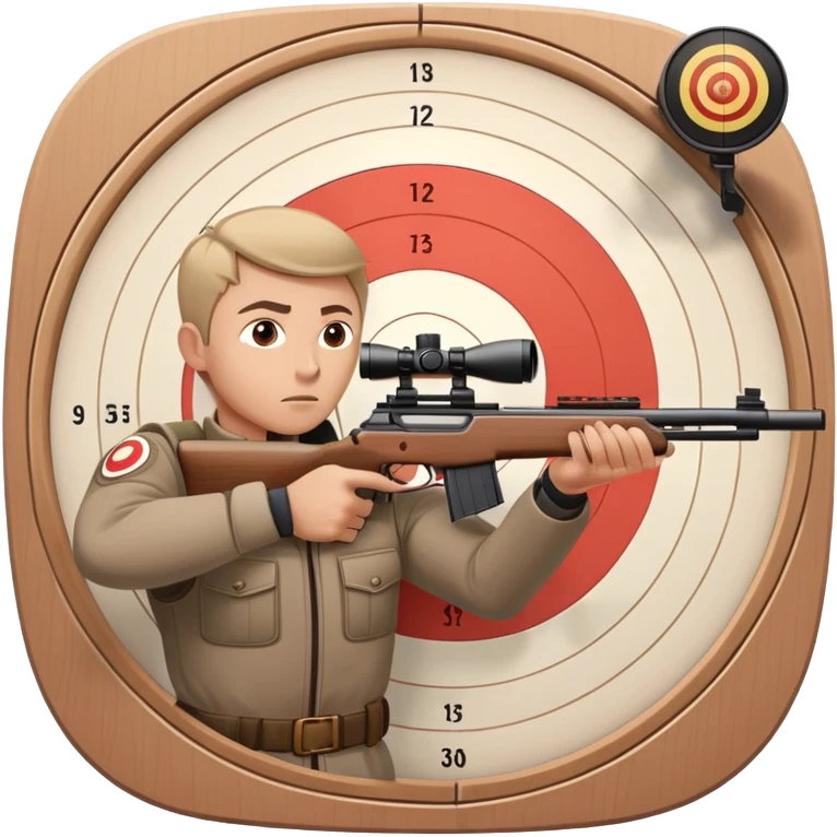 A focused marksman aiming at a target with a rifle, displaying perfect form and concentration. The background includes a target board with concentric rings, emphasizing accuracy and precision in a competitive shooting environment emoji