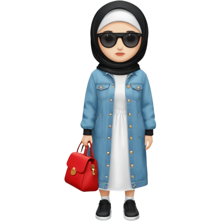 female memoji character, iPhone style, wearing black hijab, white long dress, oversized light blue denim jacket, white socks, black shoes with red detail, black shoulder bag, sunglasses on head, cute expression, no background, transparent PNG emoji