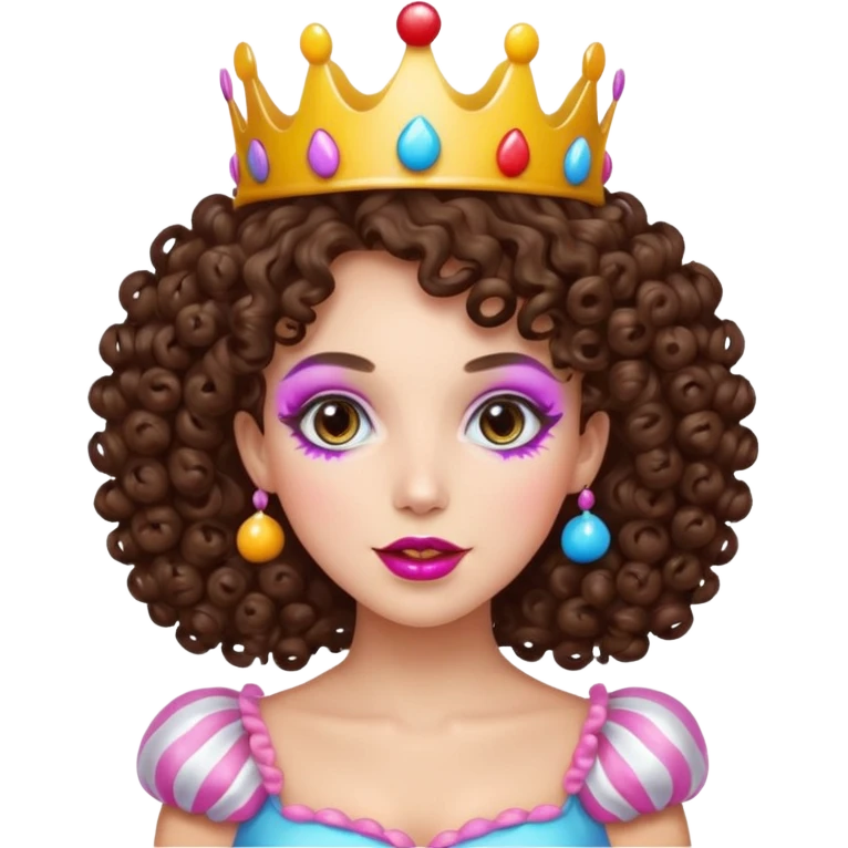 brunette curly haired queen of the candyland, with candy makeup candy crown and just face emoji