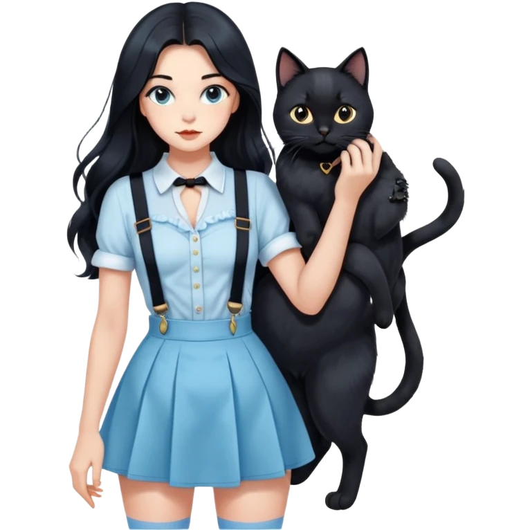 A sexy girl with long hair wearing a light blue suspender skirt holding a black cat emoji