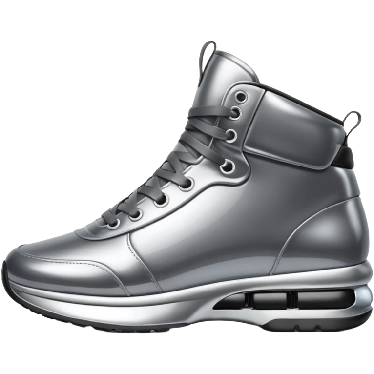 A pair of futuristic sneakers emoji made of silver chrome, sleek streetwear design, smooth metallic panels, subtle reflections, luxury swag aesthetic, iOS emoji style, centered, clean white background emoji
