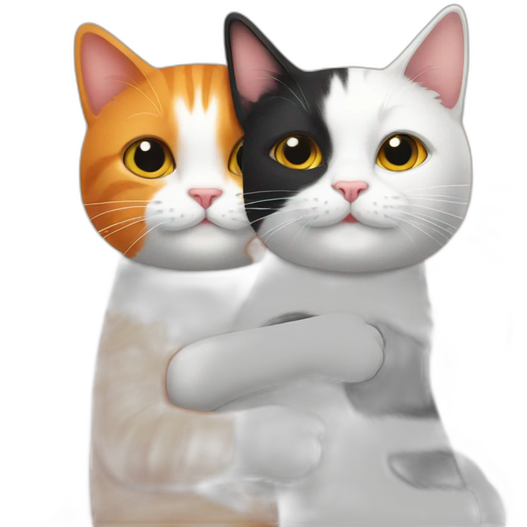 An orange cat and a black and white cat hugging emoji
