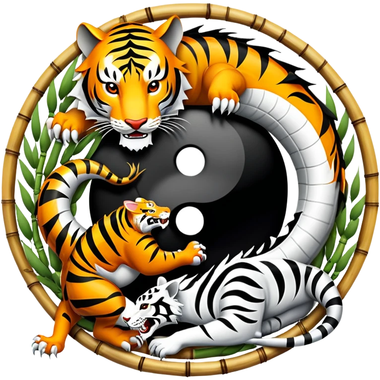 An icon symbolizing Eastern martial arts in the style of an emblem, featuring a black-and-white Yin-Yang symbol, a dragon, and a tiger. The dragon and tiger represent strength and agility, surrounding the symbol. Traditional elements like bamboo add to the design. Transparent background. emoji