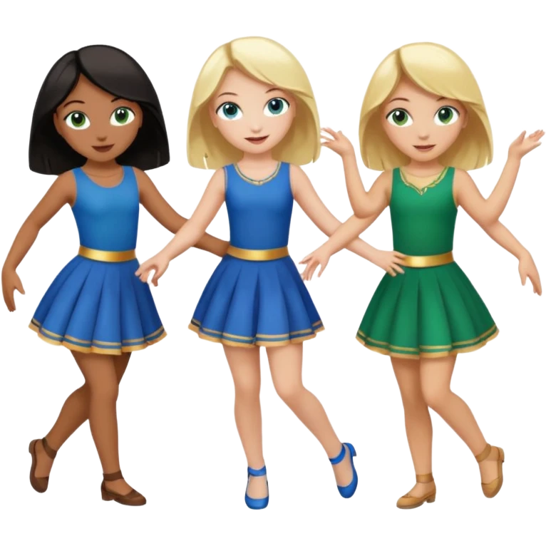 Emoji of 3 Girls dancing one with blonde hair, one tan skin with brown hair and one with black hair emoji