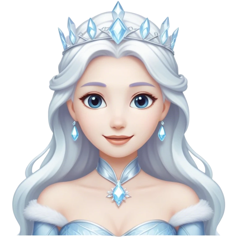Cinematic Radiant Snow Queen Portrait Emoji, rendered in a realistic, vector style with clean proportions. Show Elsa with a gentle, confident smile, icy pale skin, and luxuriously styled platinum hair, her expression calm and regal. The image glows with a soft, enchanting icy luminescence, high shine, and is accented by a soft glowing outline that enhances her ethereal beauty. emoji