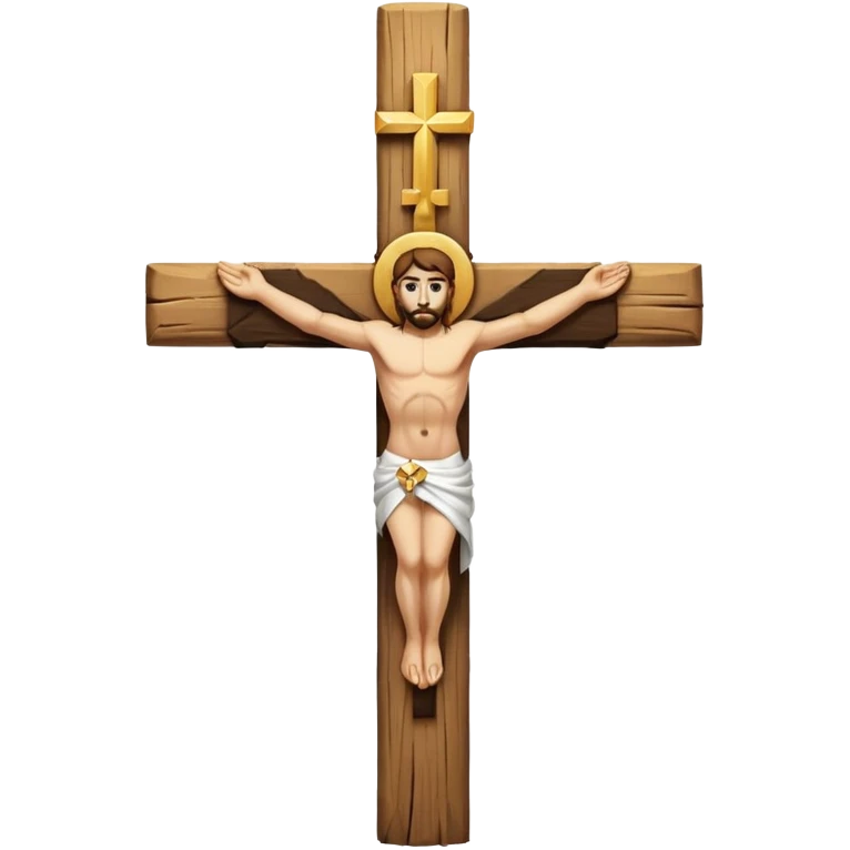Cross made of wood, the top of the tip of the cross, a golden cross, and a white cloth hanging over the two arms of the cross emoji