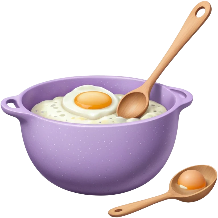 a lilac ceramic mixing bowl with a wooden spoon stirring and sitting next to it is a few eggs emoji