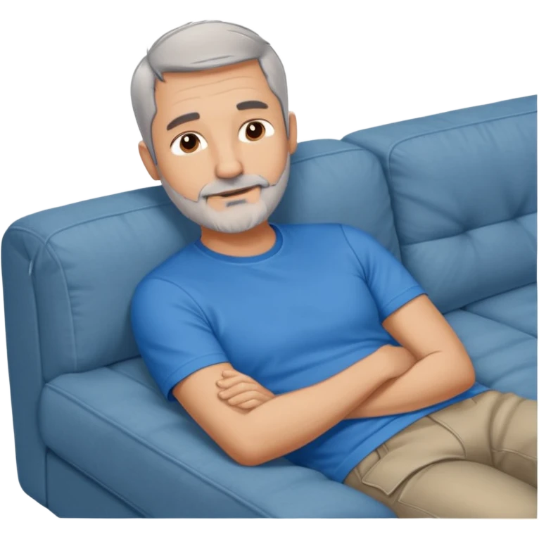 a 50 yo man short grey hair stubble beard laying on a ottoman of a light grey cord couch emoji
