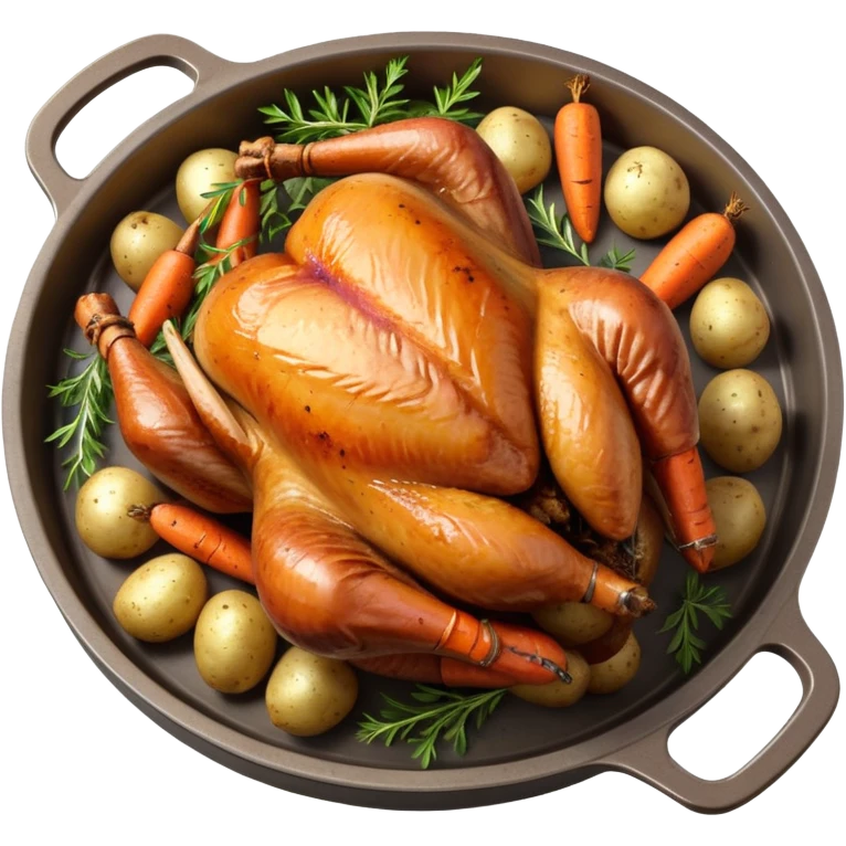 roasted turkey in a baking tray, golden brown crispy skin, whole turkey surrounded by vegetables, oven-baked meal presentation, juicy texture, warm food lighting, 3D cartoon style, mobile game icon style, centered composition, clean background, no text, no watermark
 emoji