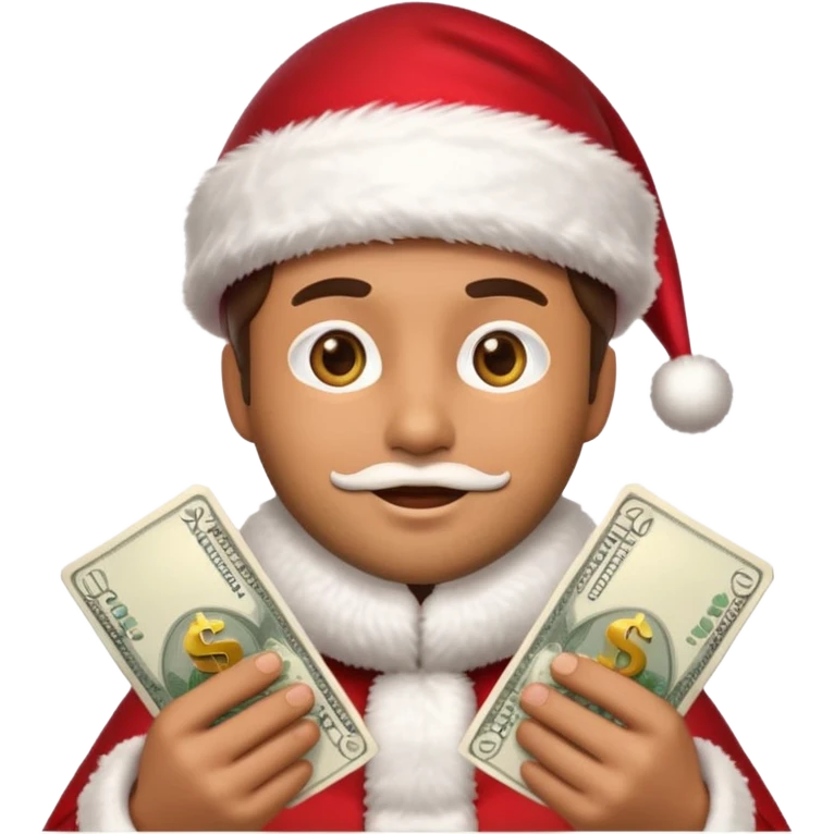 A confident rich emoji face wearing a Santa hat, money stacks, casino vibe, New Year theme, premium 3D emoji style, sharp details, no text, isolated on transparent background emoji
