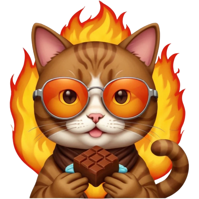 Cat with sunglasses and chocolate and a Fire  emoji