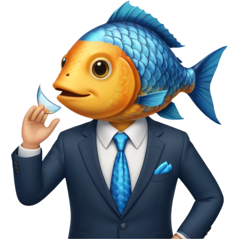 fish wearing suit, look up, shows only fish head emoji