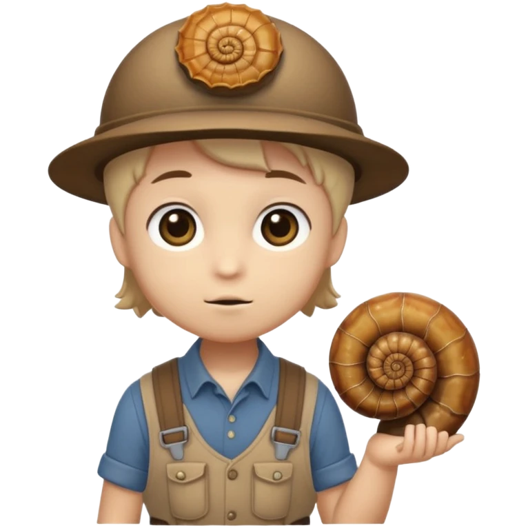 Shelly has a small, chibi-style body with a large ammonite-shaped head that looks like a beige fossil shell. One side of her head has a dark opening, making it clear she isn’t human. Her face is simple and soft, with big round eyes. She wears a brown suspender outfit over a lighter shirt emoji