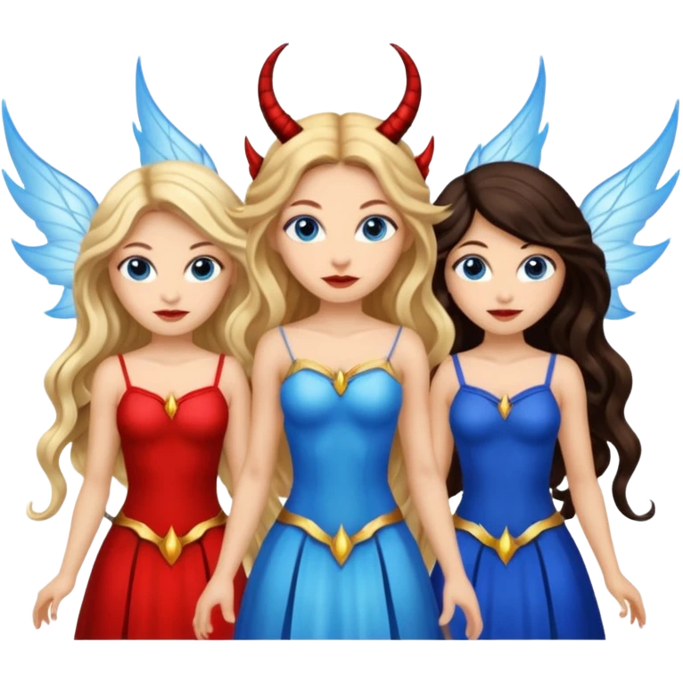 Three women as devil fairies with wings, brown eyed light skin with dark blonde long hair and Brown eyed light skin black long wavy hair and blue eyed light skin long blonde hair emoji