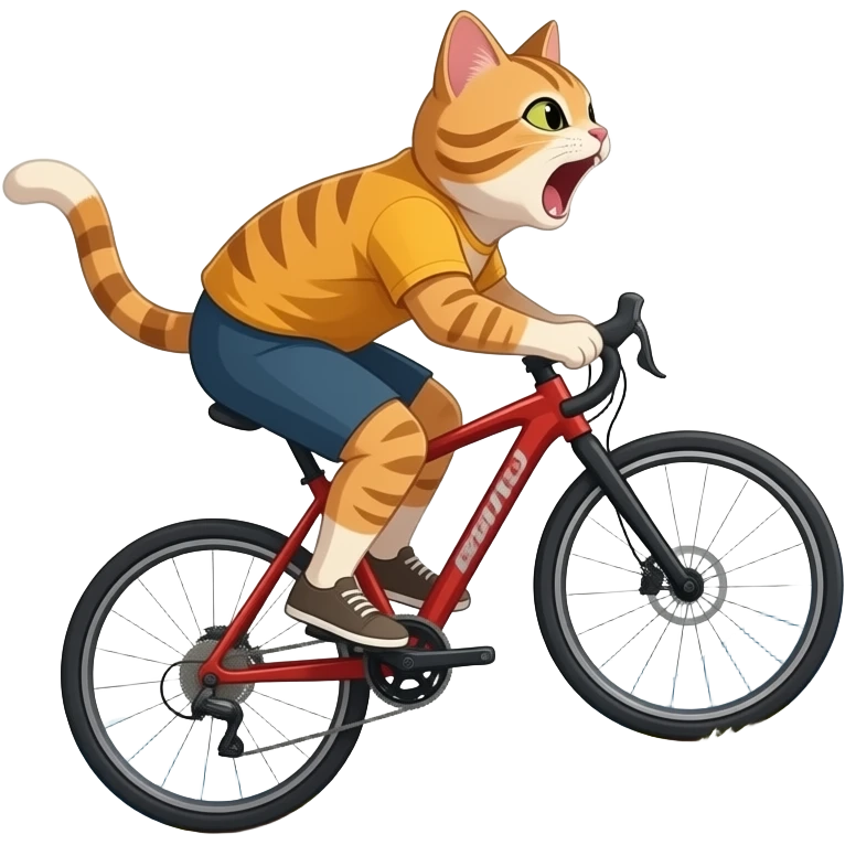 A pussy Cyling down the Hill. Mountains in background, paws off the pedals as dust spray up behind. Pussy yells "no breaks". keep back ground emoji