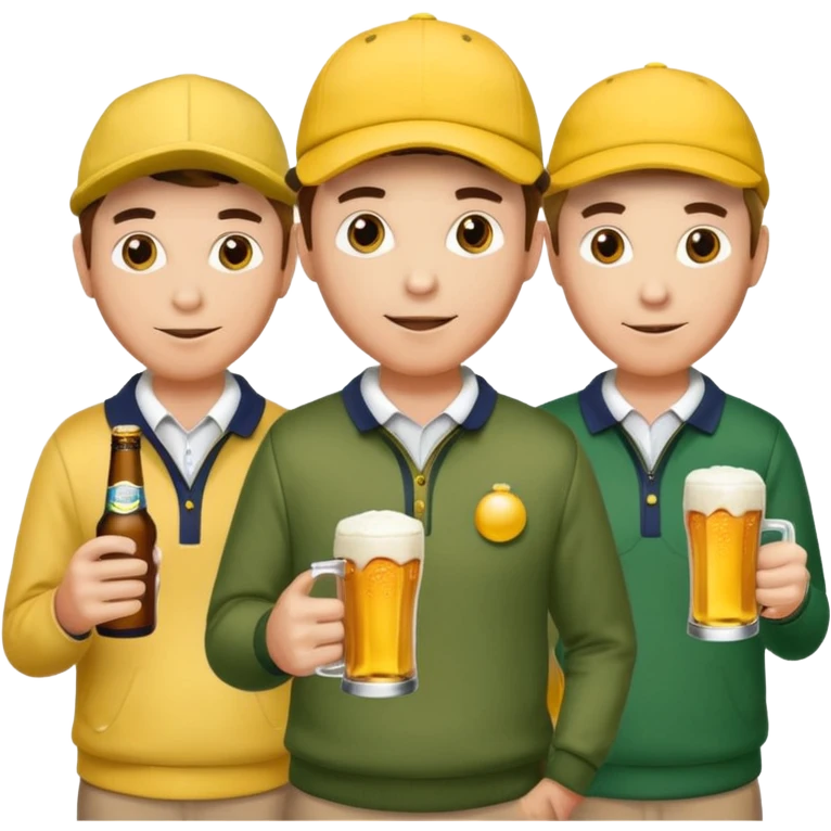 16 men on a golf trip wearing yellow golf caps all holding a beer can with a Xmas style label. Has to be 16 of them. emoji