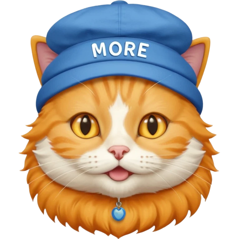 Make cat wearing cute hat that are yellow and has blue text that says More food!!! emoji