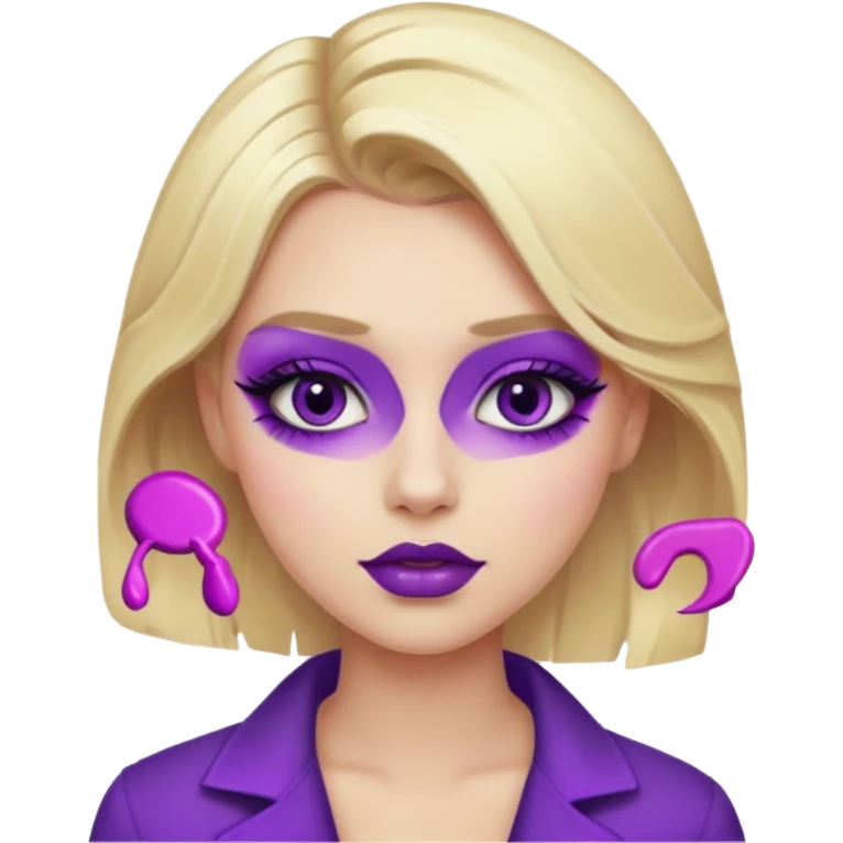 A blonde girl wearing a purple makeup emoji