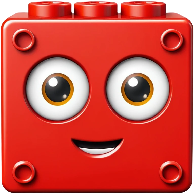 A red Lego building block with big adorable eyes and a happy expression emoji