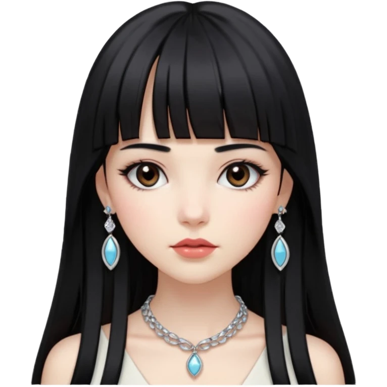 pale pretty girl with long black hair with straight bangs slightly above the brows and a hime cut after her chin, dark brown eyes, blushed lips and cheeks, long lashes, a silver necklace and  bracelets, with a classic timeless luxury style emoji