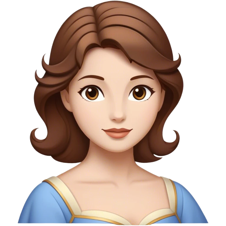 Cinematic Timeless Belle Portrait Emoji, rendered in a clean, vector style. Depict Belle with fair, luminous skin, beautifully arranged brown hair, and a serene, graceful expression, dressed in her classic attire. The design features bold, simplified shapes, a soft, enchanting glow, and a subtle glowing outline, capturing the essence of pure, timeless beauty. emoji