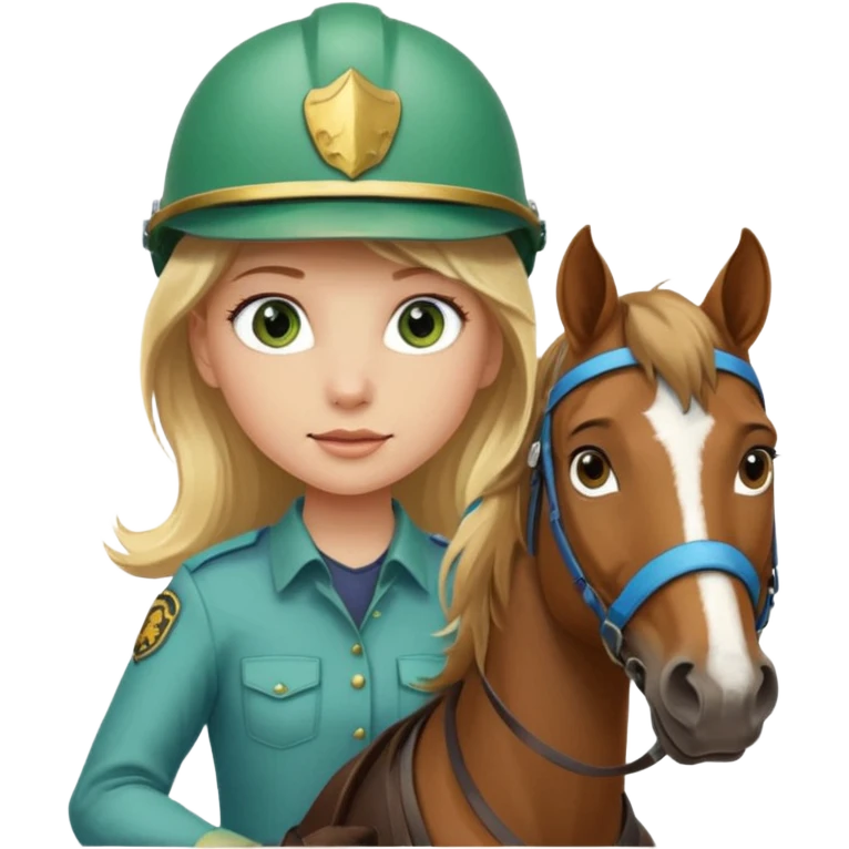 una ragazza bionda con occhi azzurri/verdi sopra un quarter horse con criniera marrone emoji