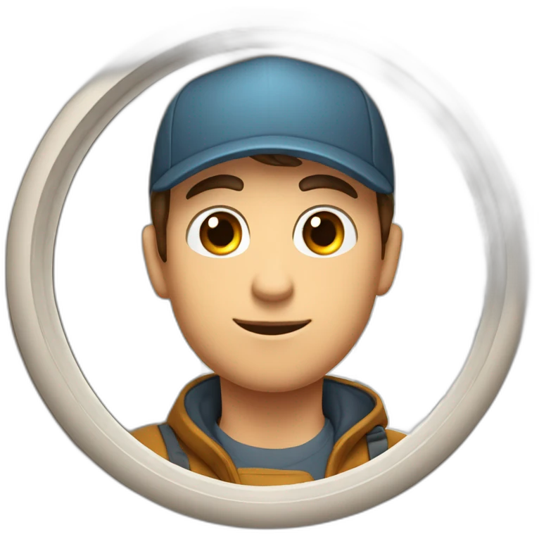 Guy with brown hair and short, eyes with a cap that is inside a circle window that try to exit with a hand on the top of cornice emoji
