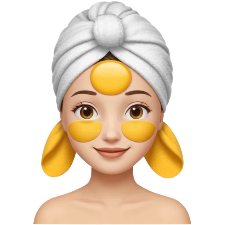 3D emoji style woman with towel head wrap, under-eye patches, smiling softly, clean girl skincare aesthetic, soft studio lighting, smooth skin texture, minimalist beige background, high resolution, PNG emoji