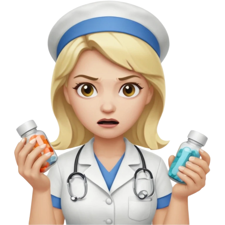 angry blonde nurse with a pills emoji