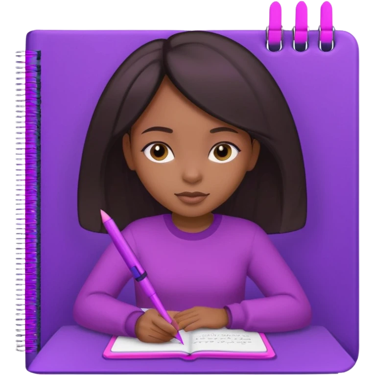 Une fille noir au cheveux lisse qui est entrain d’écrire avec un stylo rose sur un cahier violet emoji