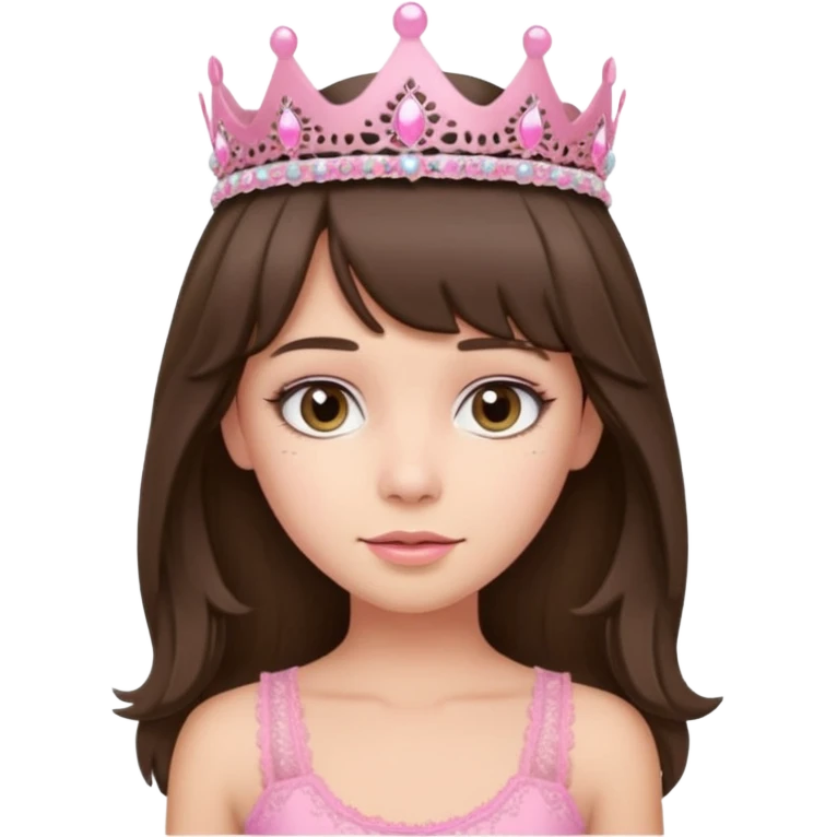 super long haired brunette with middle part curtain bangs cute pink lacy tank with a pink tiara on head, white but with a little bit of tan emoji