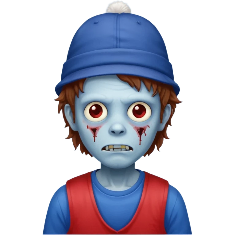 brown fluffy hair zombie with blue and white hat dark blue jilet red t shirt emoji