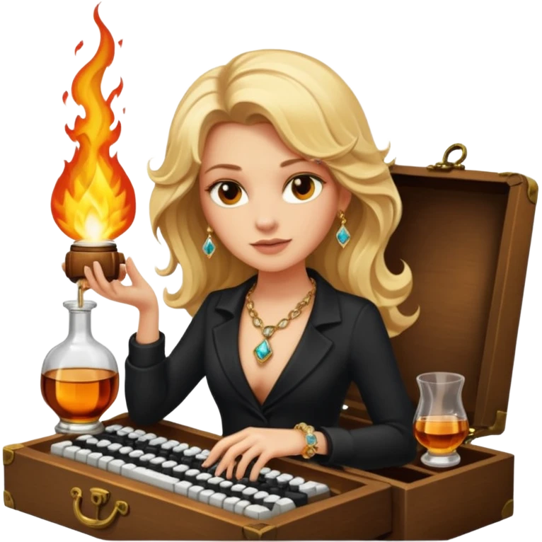 A sketchnote illustration rendered in a strong moody style, featuring a blonde woman with cascading gorgeous hair, a keyboard, a whiskey bottle, a key, a jewelry box, and fire elements against a black background. The lighting is low with low contrast, emphasizing dramatic shadows. emoji
