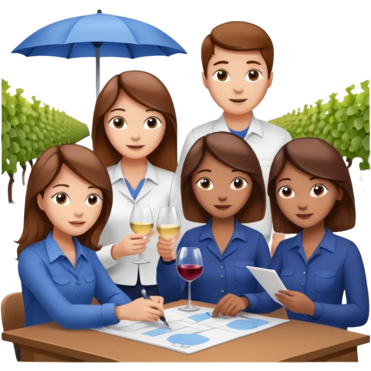 Make a photo of 5 project managers, specifically 3 girls with brown hair and 2 boys, that are making project for improvement of the winery emoji