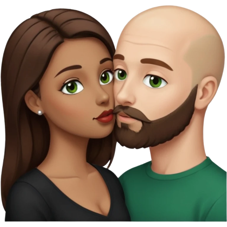 Man beard bald white dark green eyes, woman medium hair brown brown eyed latina kissing emoji
