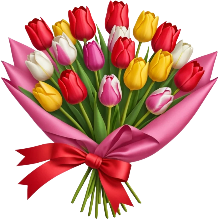 bouquet of many tulip with bow and yellow wrapping paper emoji