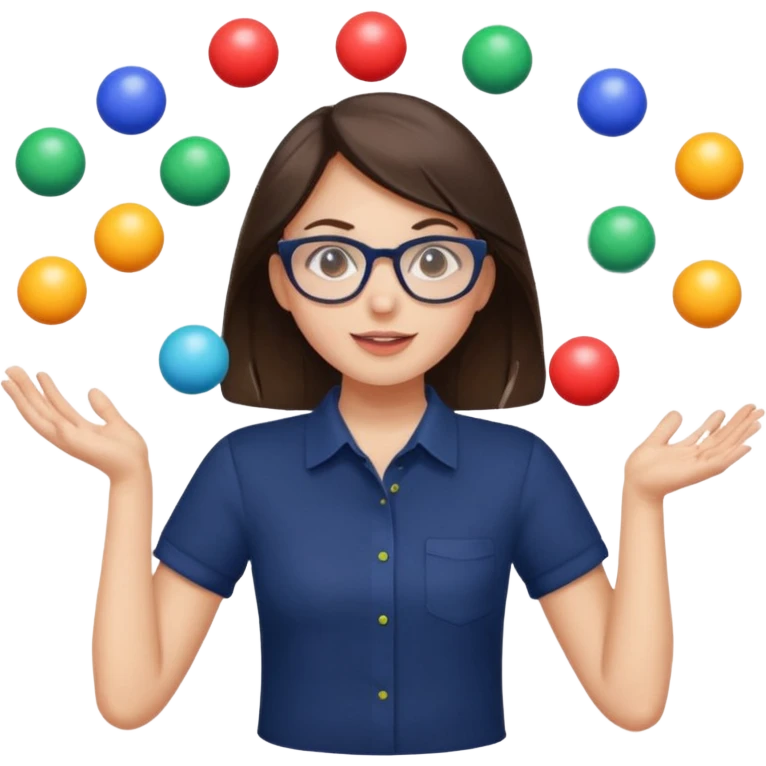 a brunette girl in a navy shirt wearing glasses is  juggling 5 multicolored balls with two hands  emoji
