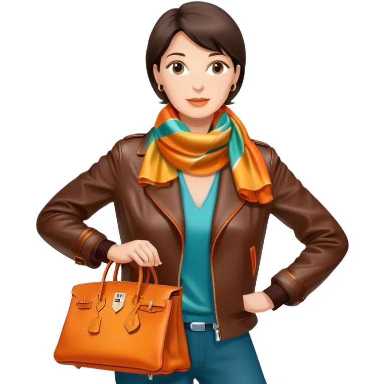 Mature woman wearing a dark brown leather Hermes jacket and a multicolored silk scarf around her neck. She has a large orange Hermes Birkin Bag. I want the image to be close up, starting from the waist up.  emoji