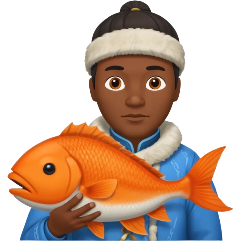 inuit man with traditional inuit clothes and orange fish emoji