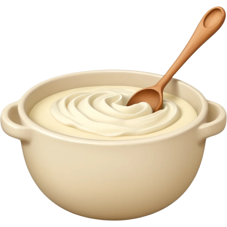 a cream ceramic mixing bowl with a wooden spoon stirring emoji
