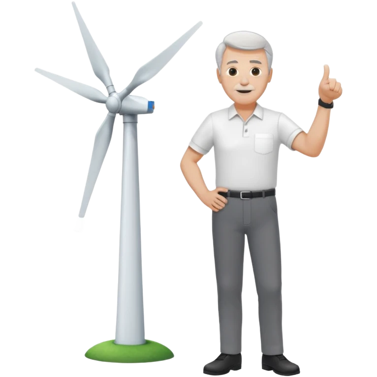 an older white man with grey hair and a white shirt and black pants doing a thumbs up pose, standing next to a single silver wind turbine emoji
