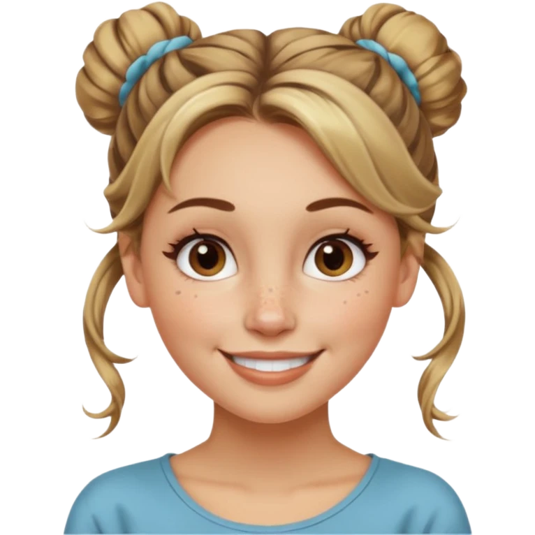 creative women with long dark Blond with highlights semi curly hair white women with hair in a messy bun, oval shape face hazel eyes long lashes freckles on the nose high cheek bones emoji